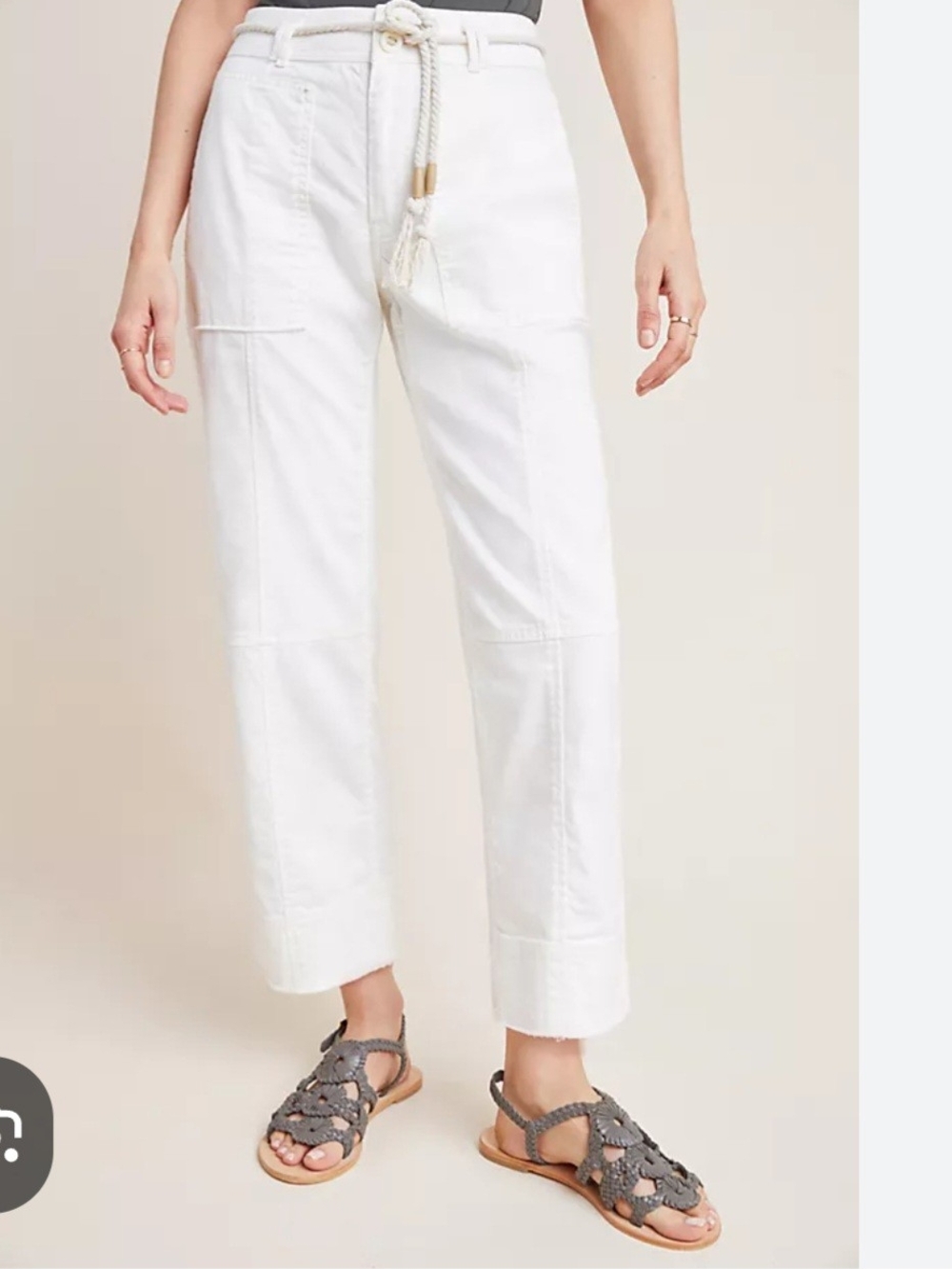 O Anthropologie White Cropped High-Rise Straight Jeans with Rope Belt Size 27